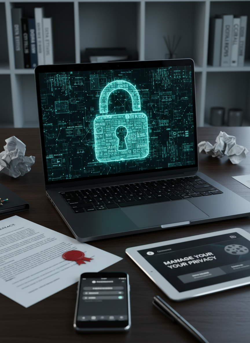 A sleek black laptop with a glowing turquoise padlock icon dominating its screen, the icon formed from tiny lines of legal text and binary code. The laptop rests on a dark wooden desk scattered with printed contracts, a tablet showing a cookie banner, and a smartphone displaying app permissions. Cool, directional studio lighting from the left carves sharp highlights on the metal edges and casts assertive shadows, creating a bold, no-nonsense atmosphere. Shot at an eye-level perspective with the laptop centered in the frame and a shallow depth of field that blurs a background of minimalist shelves lined with tech law books. Photographic realism with a clean, modern aesthetic that screams practical legal tech without feeling academic or boring.