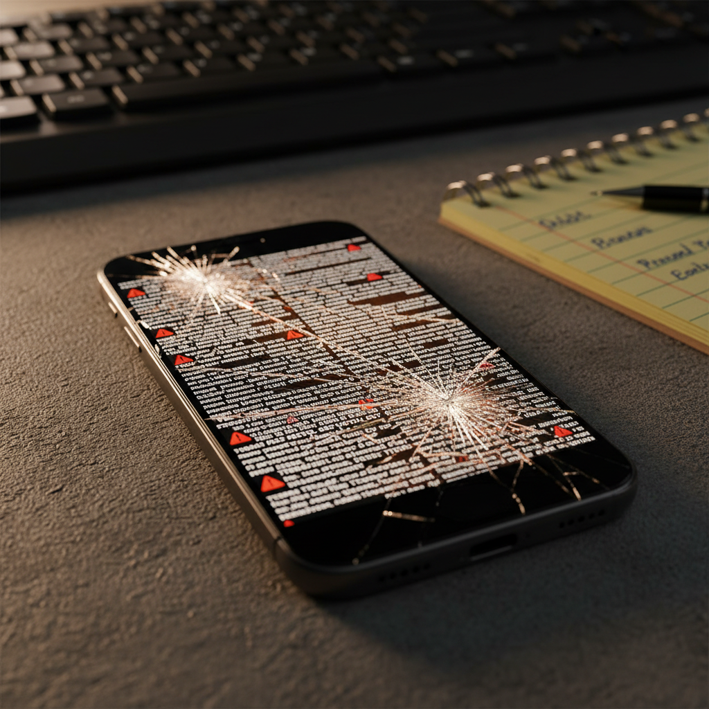 A close-up of a cracked glass smartphone lying on a concrete surface, its bright screen filled with a chaotic maze of overlapping terms of service, privacy policies, and tiny red warning triangles. Subtle evening light from an unseen window grazes across the cracked glass, catching on sharp edges and emphasizing the tension. The background fades into a soft, dark blur with hints of a keyboard and a pad of legal notes barely visible. The composition is tight and dramatic, with the phone angled diagonally across the frame, shot in photographic realism with a high-contrast, edgy mood that suggests the real-world consequences of ignoring digital legal details.